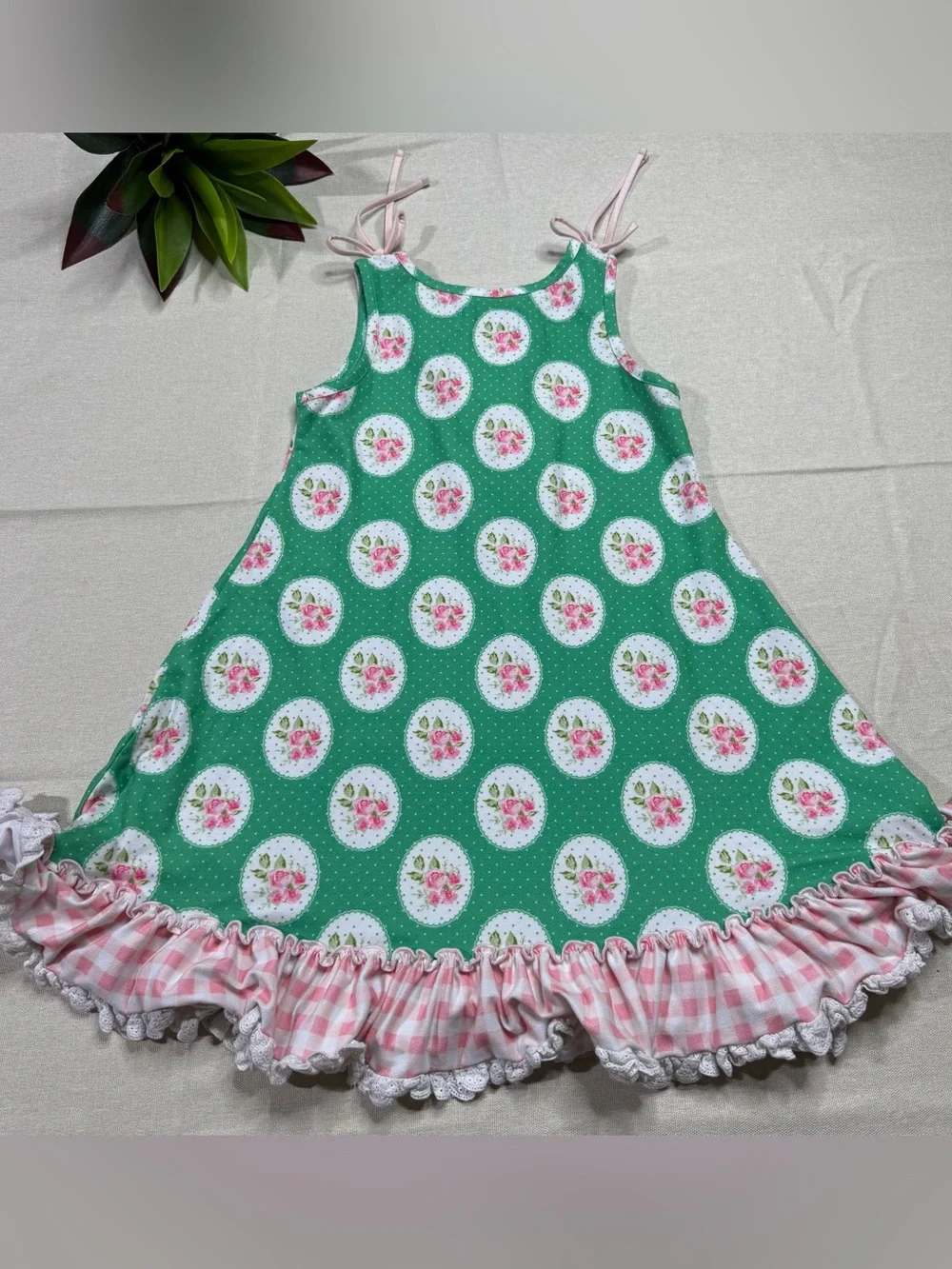 SweetHoney Green Floral Medallion Ruffle Dress Pink Gingham Girls 8Y